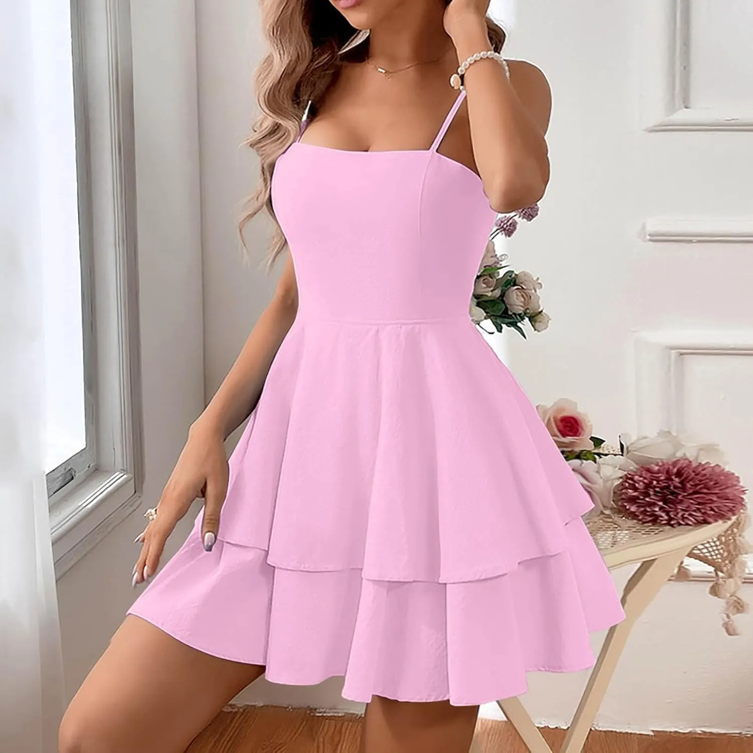 Women Solid Casual Tiered Mini Dresses Spaghetti Strap Tube Backless A Line Swing Short Dress Tiered Flowy Sundress