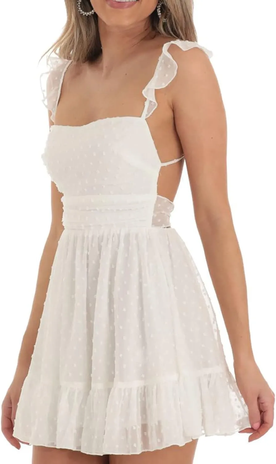Women Square Neck Mini Dresses Lace Ruffle A Line Short Dresses Spaghetti Strap Concert Prom Party Beach Y2K Dress