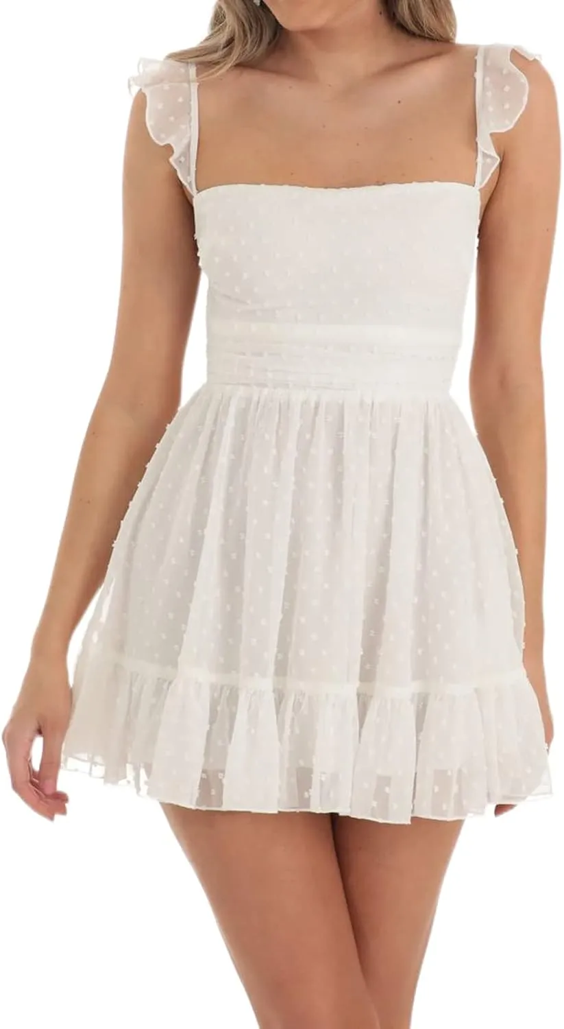 Women Square Neck Mini Dresses Lace Ruffle A Line Short Dresses Spaghetti Strap Concert Prom Party Beach Y2K Dress