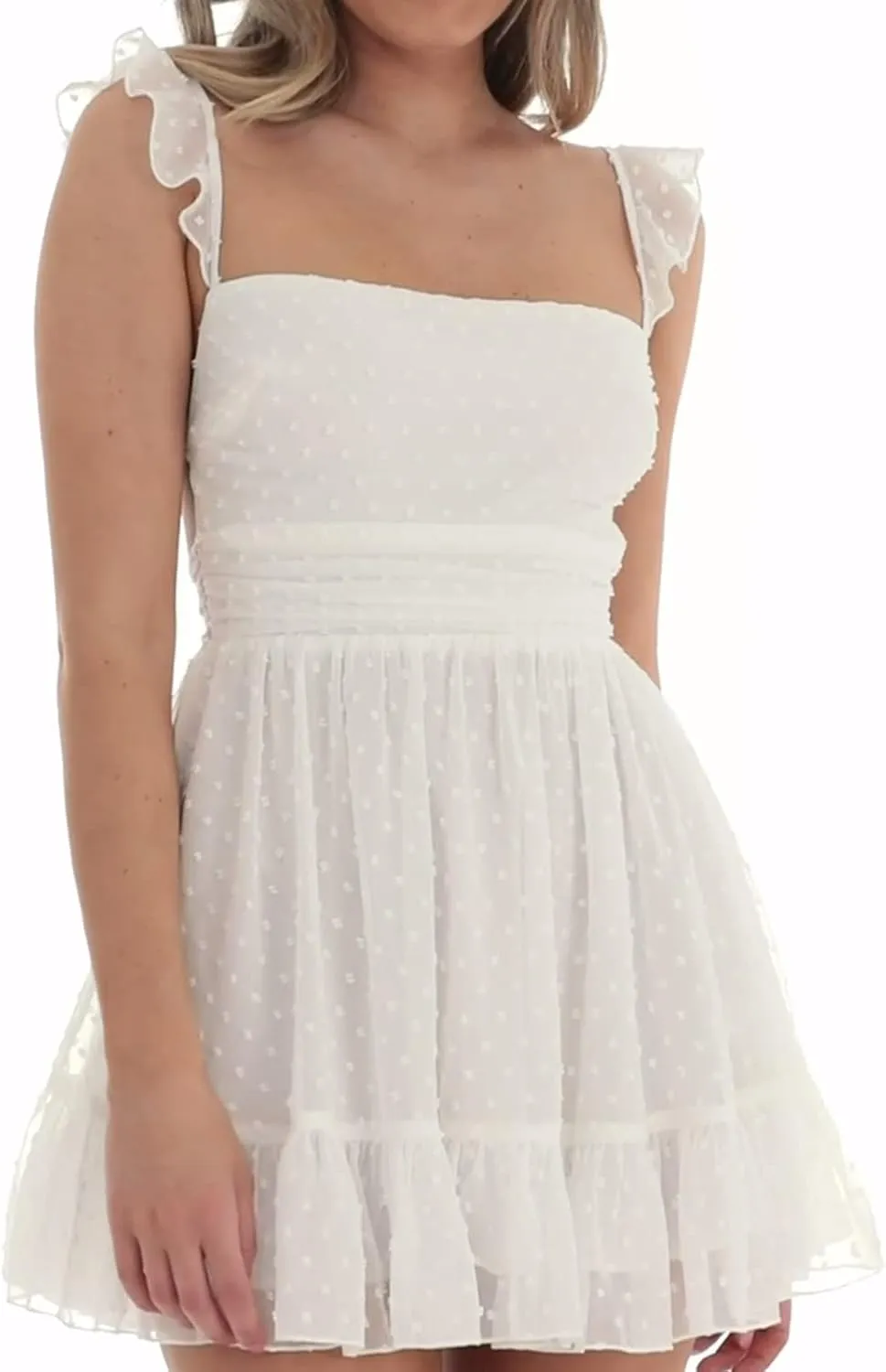 Women Square Neck Mini Dresses Lace Ruffle A Line Short Dresses Spaghetti Strap Concert Prom Party Beach Y2K Dress