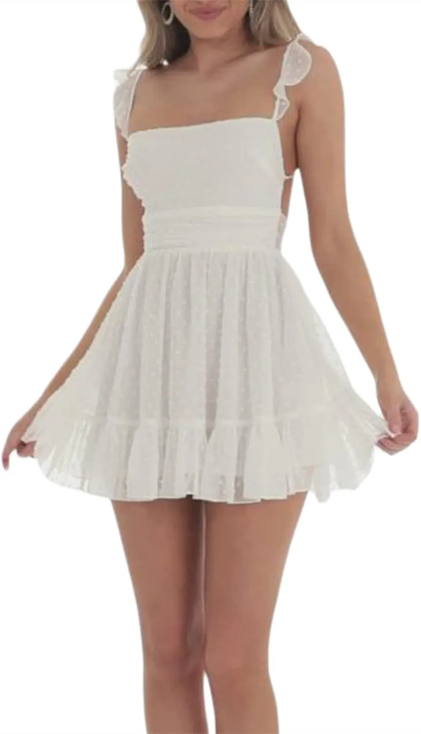 Women Square Neck Mini Dresses Lace Ruffle A Line Short Dresses Spaghetti Strap Concert Prom Party Beach Y2K Dress