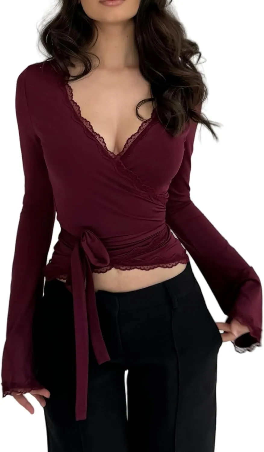 Women Y2K Long Sleeve Cross Wrap Tops Deep V Neck Slim Fit Workout Yoga Ballet Wrap Shirts Coquette Aesthetic Tie Tops