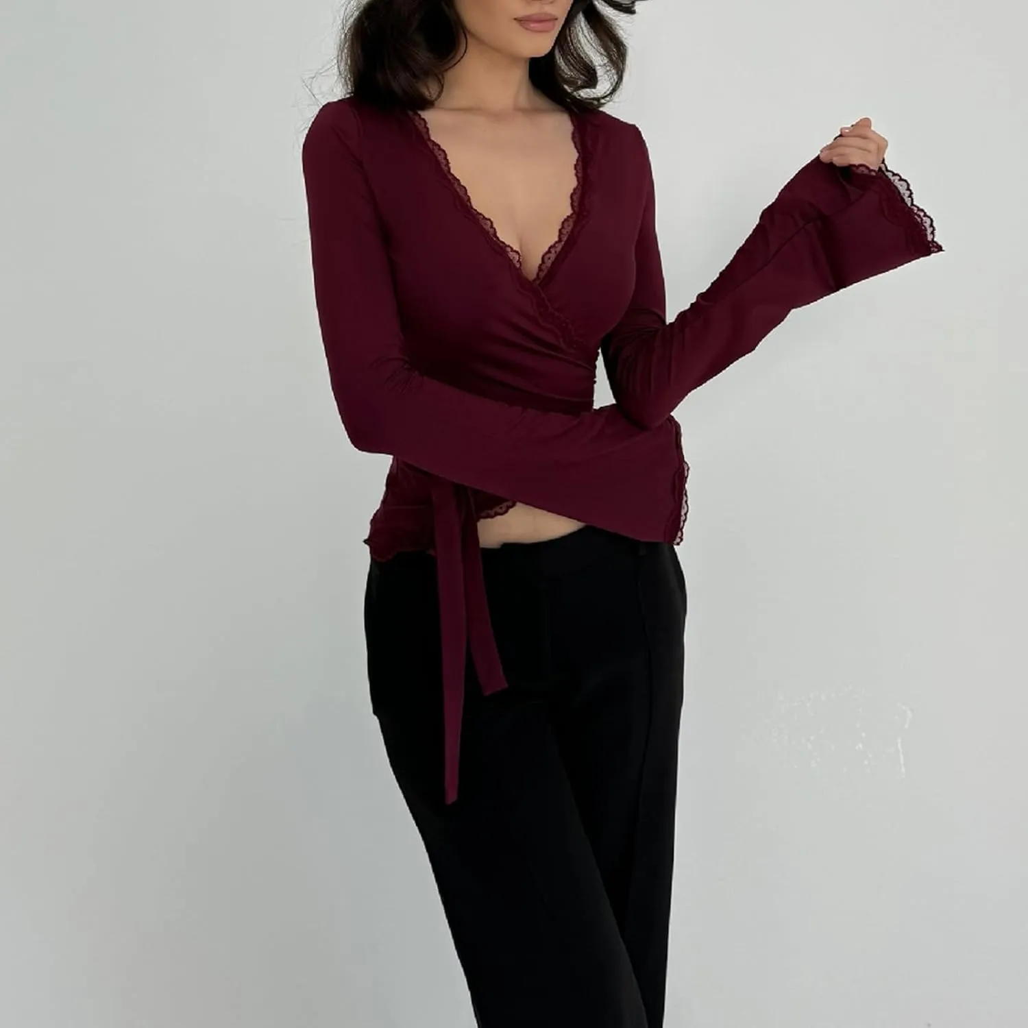 Women Y2K Long Sleeve Cross Wrap Tops Deep V Neck Slim Fit Workout Yoga Ballet Wrap Shirts Coquette Aesthetic Tie Tops