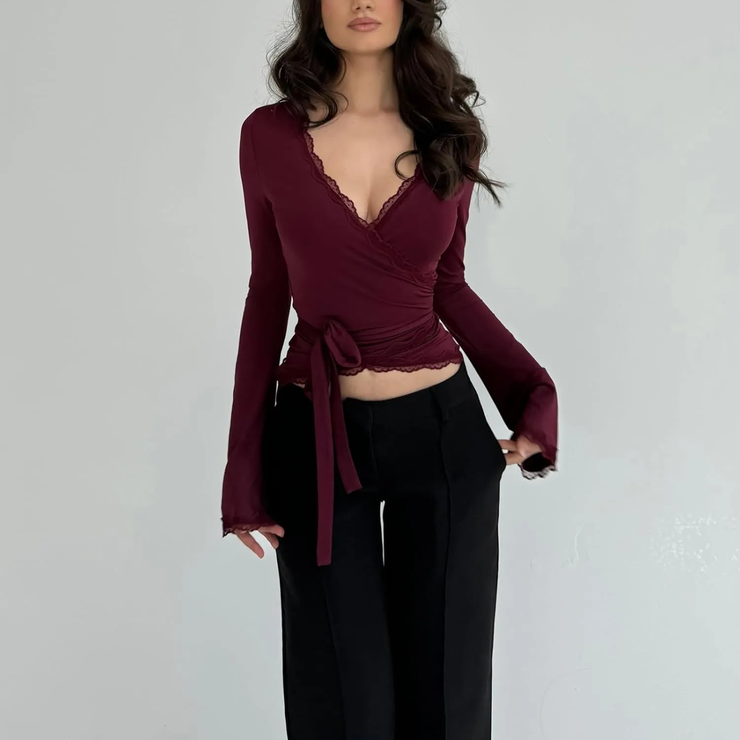 Women Y2K Long Sleeve Cross Wrap Tops Deep V Neck Slim Fit Workout Yoga Ballet Wrap Shirts Coquette Aesthetic Tie Tops