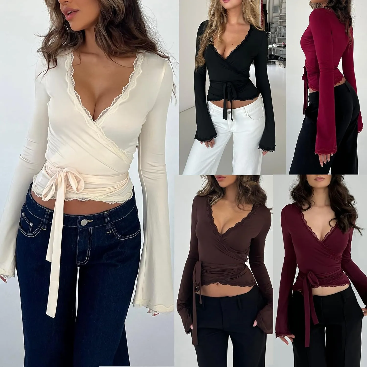 Women Y2K Long Sleeve Cross Wrap Tops Deep V Neck Slim Fit Workout Yoga Ballet Wrap Shirts Coquette Aesthetic Tie Tops