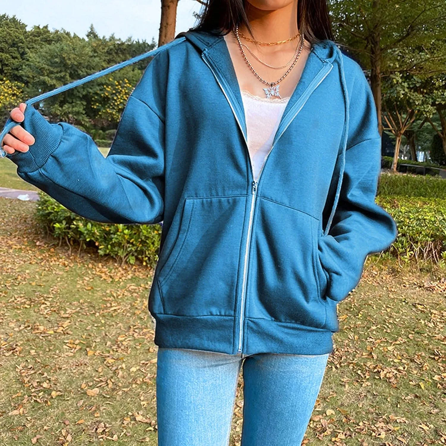 Women Zip Up Y2K Hoodie Fall Oversized Sweatshirts Casual Drawstring Hooded Pockets Jacket 2024 Long Sleeve Clothes