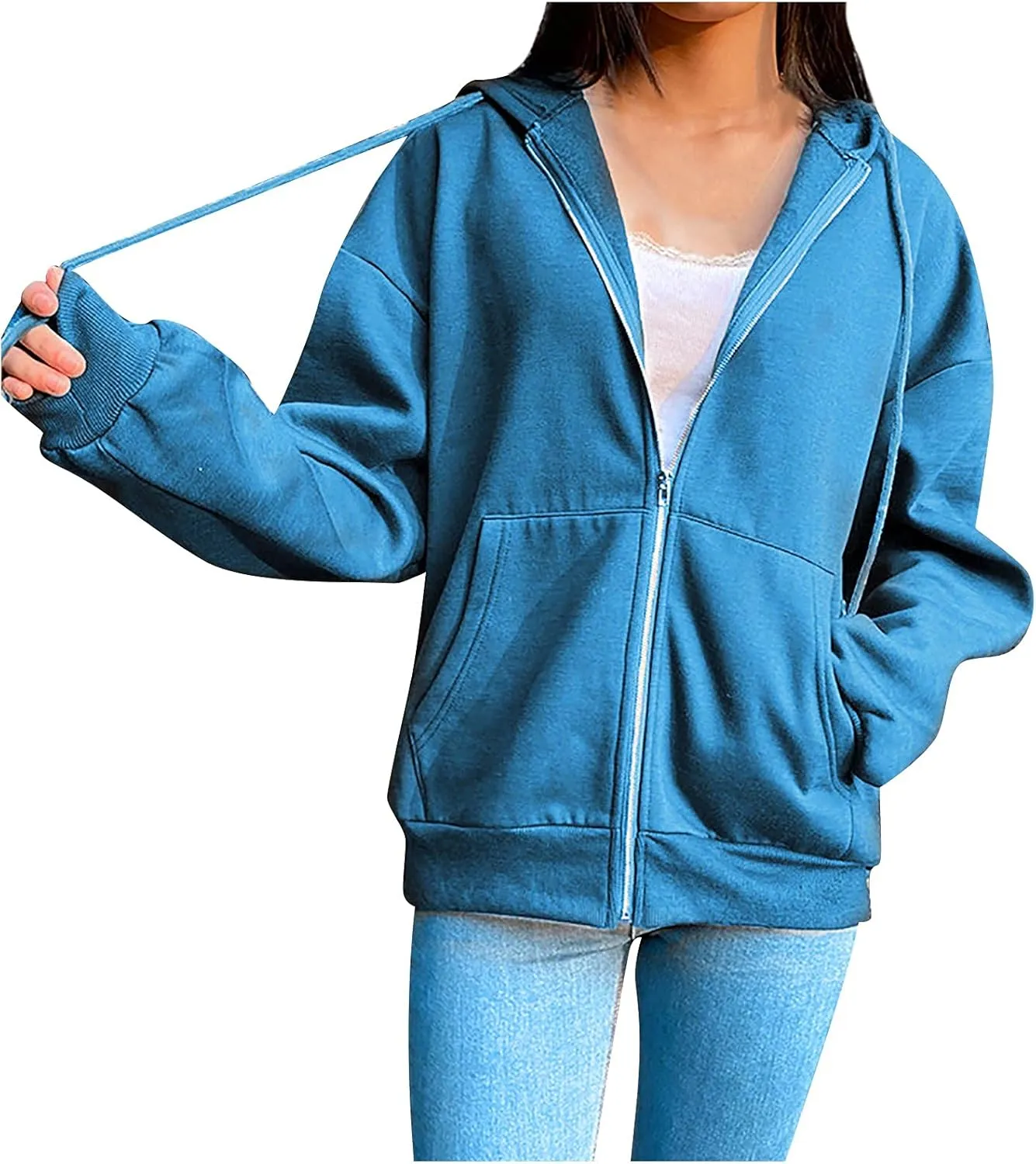 Women Zip Up Y2K Hoodie Fall Oversized Sweatshirts Casual Drawstring Hooded Pockets Jacket 2024 Long Sleeve Clothes