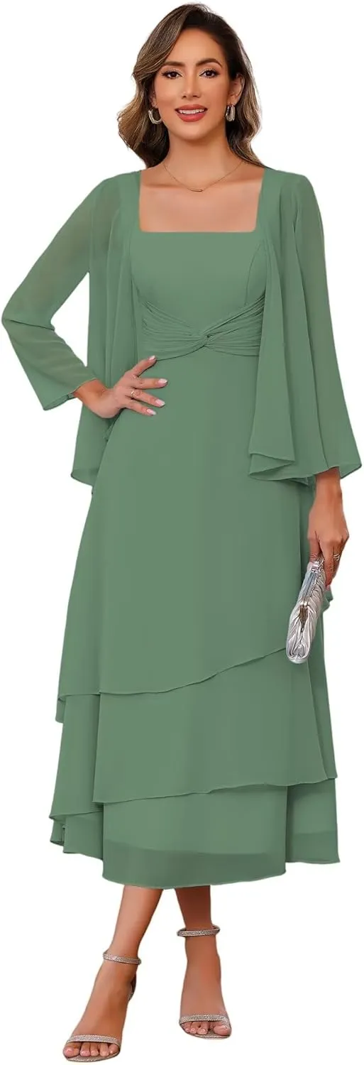 Women's 2 Piece Tea Length Mother of The Bride Dresses with Jacket 2025 Pleated Chiffon Formal Evening Gown DE253