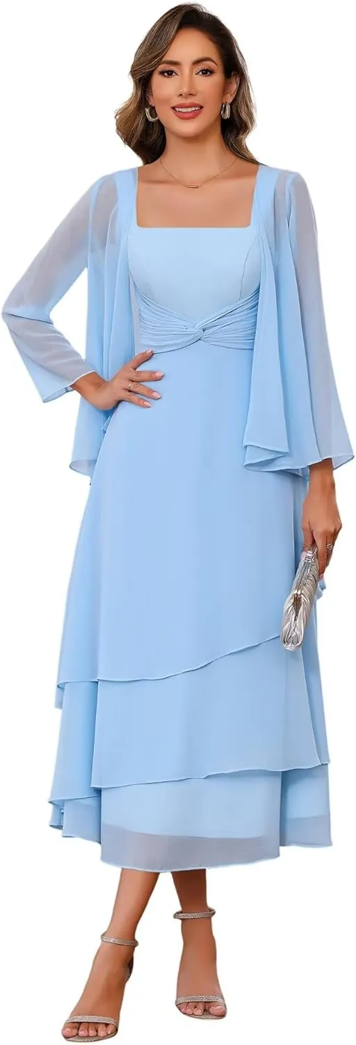 Women's 2 Piece Tea Length Mother of The Bride Dresses with Jacket 2025 Pleated Chiffon Formal Evening Gown DE253