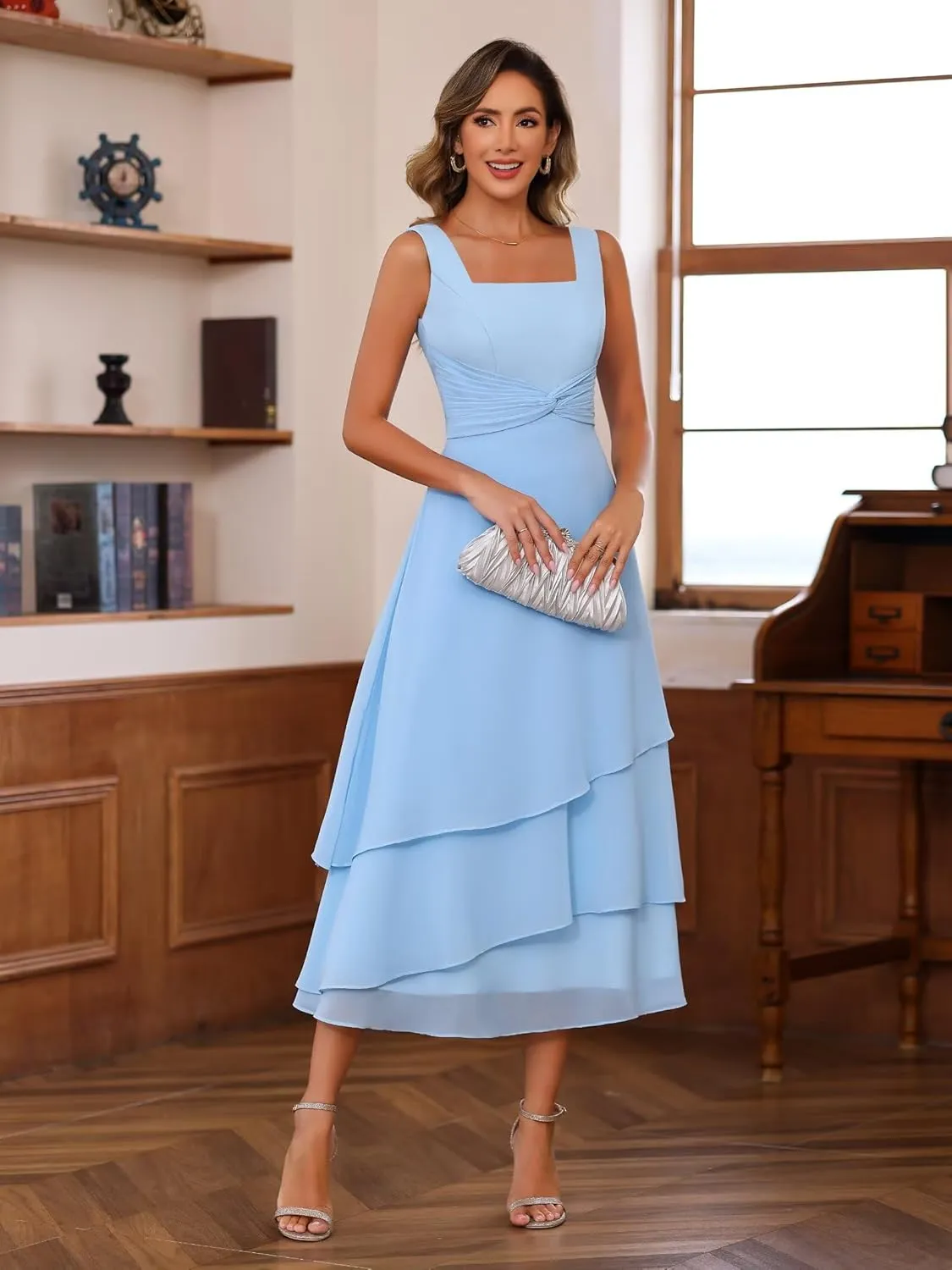 Women's 2 Piece Tea Length Mother of The Bride Dresses with Jacket 2025 Pleated Chiffon Formal Evening Gown DE253