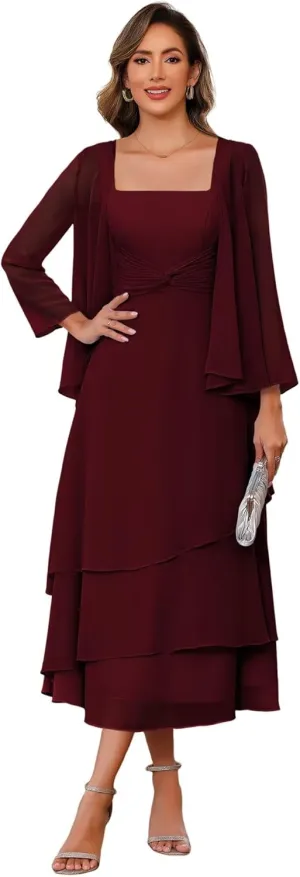 Women's 2 Piece Tea Length Mother of The Bride Dresses with Jacket 2025 Pleated Chiffon Formal Evening Gown DE253