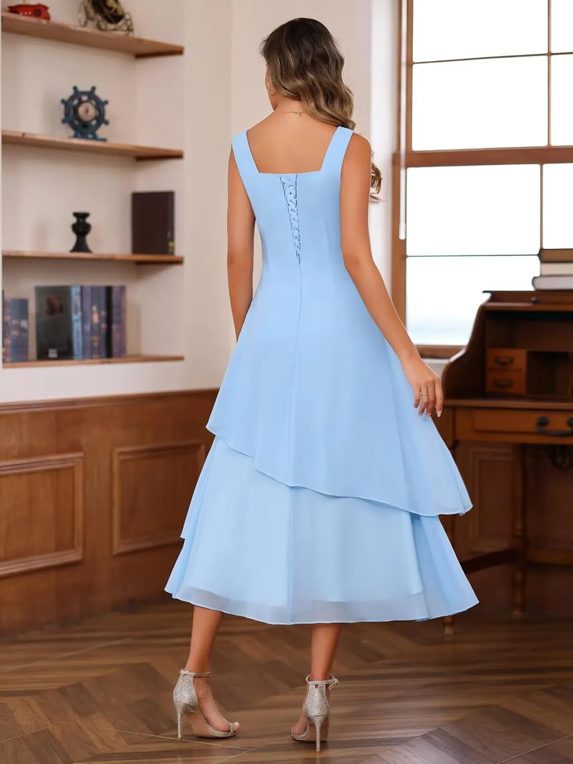 Women's 2 Piece Tea Length Mother of The Bride Dresses with Jacket 2025 Pleated Chiffon Formal Evening Gown DE253