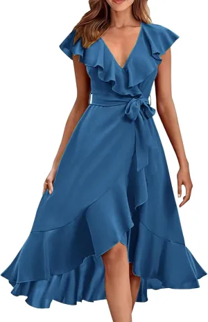 Women's 2025 Summer Lacing Wrap Maxi Dress Casual Boho Deep V Neck Short Sleeve Ruffle Hem Split Beach Long Dresses