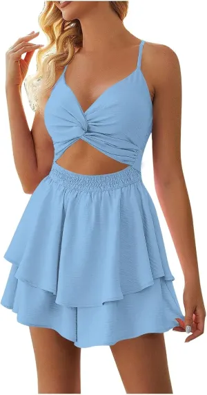 Women's 2025 Summer Short Dress Sexy V Neck Spaghetti Straps Backless Bow Tie Ruffle Hem A Line Mini Dresses
