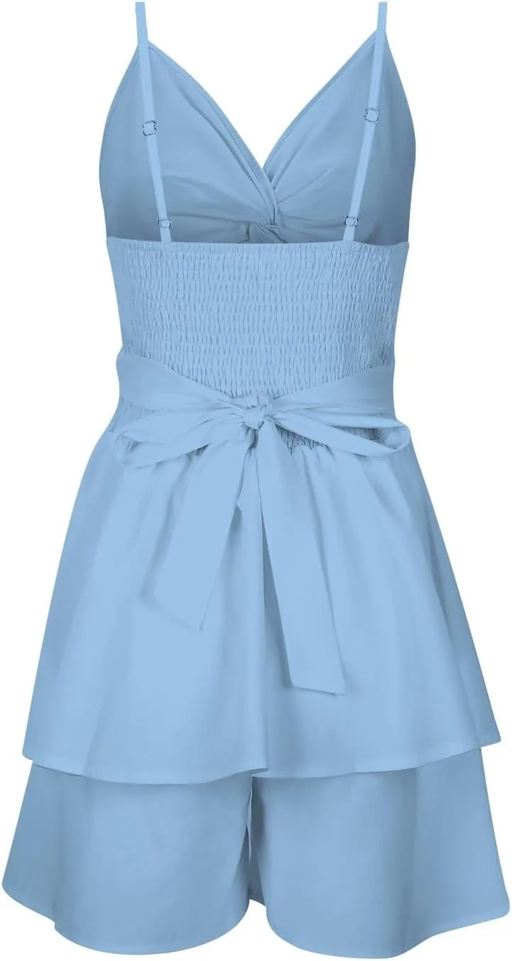 Women's 2025 Summer Short Dress Sexy V Neck Spaghetti Straps Backless Bow Tie Ruffle Hem A Line Mini Dresses