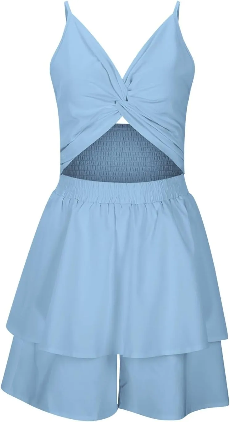 Women's 2025 Summer Short Dress Sexy V Neck Spaghetti Straps Backless Bow Tie Ruffle Hem A Line Mini Dresses