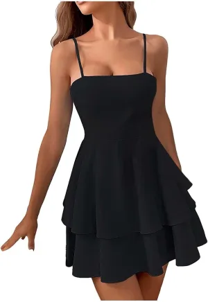Women's 2025 Summer Spaghetti Straps Tube Mini Dress Smocked Ruffle A Line Tiered Flowy Short Party Club Dresses