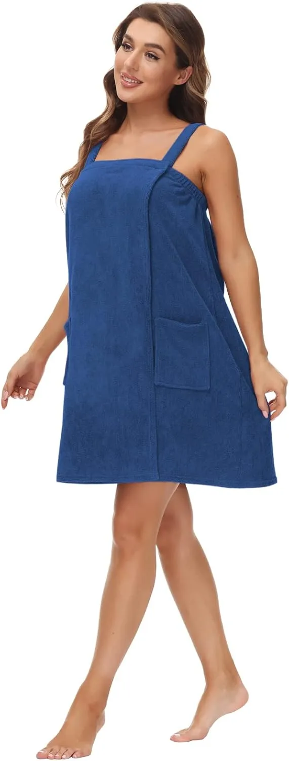 Women's Bath/Shower Wrap Towel Adjustable Straps Lightweight Knee Length Bathrobe Wrap Shower Robes with Headband