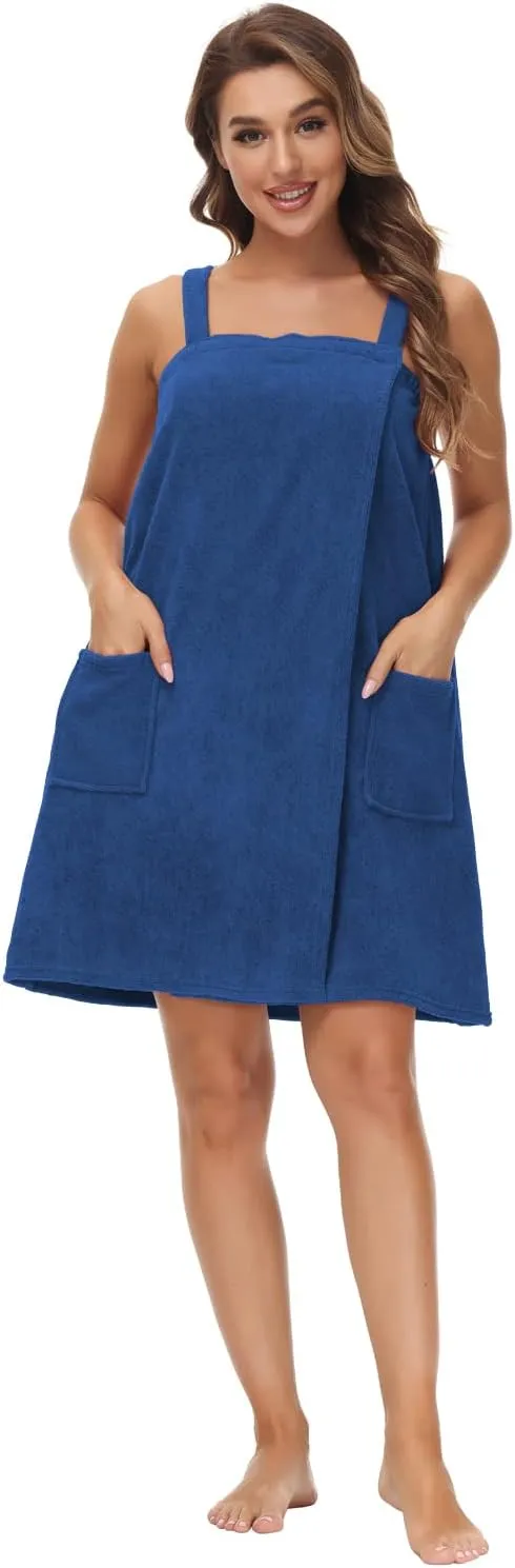 Women's Bath/Shower Wrap Towel Adjustable Straps Lightweight Knee Length Bathrobe Wrap Shower Robes with Headband