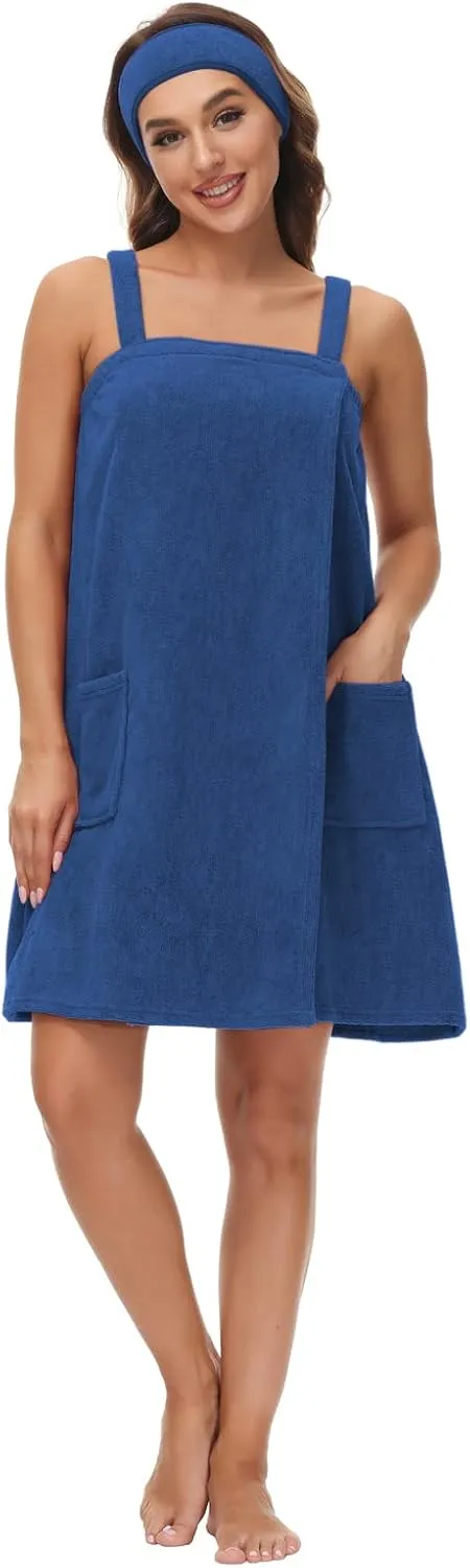 Women's Bath/Shower Wrap Towel Adjustable Straps Lightweight Knee Length Bathrobe Wrap Shower Robes with Headband