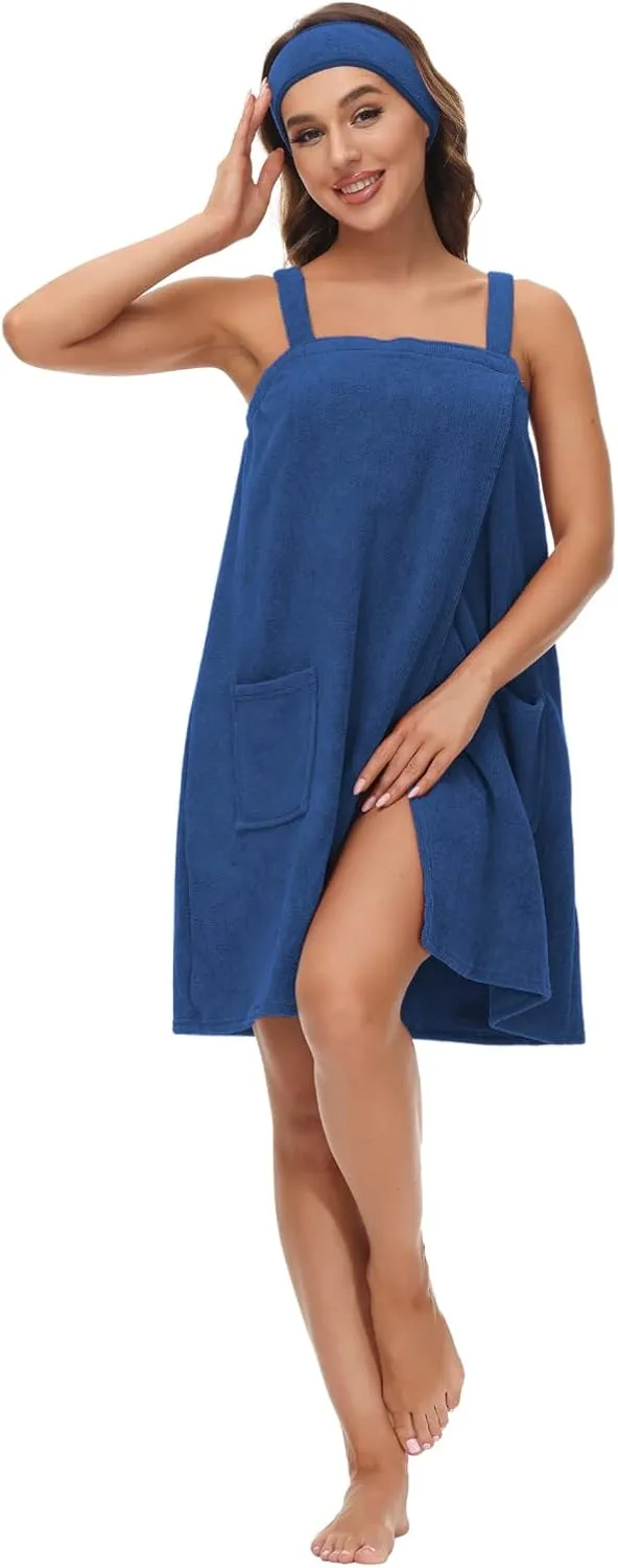 Women's Bath/Shower Wrap Towel Adjustable Straps Lightweight Knee Length Bathrobe Wrap Shower Robes with Headband