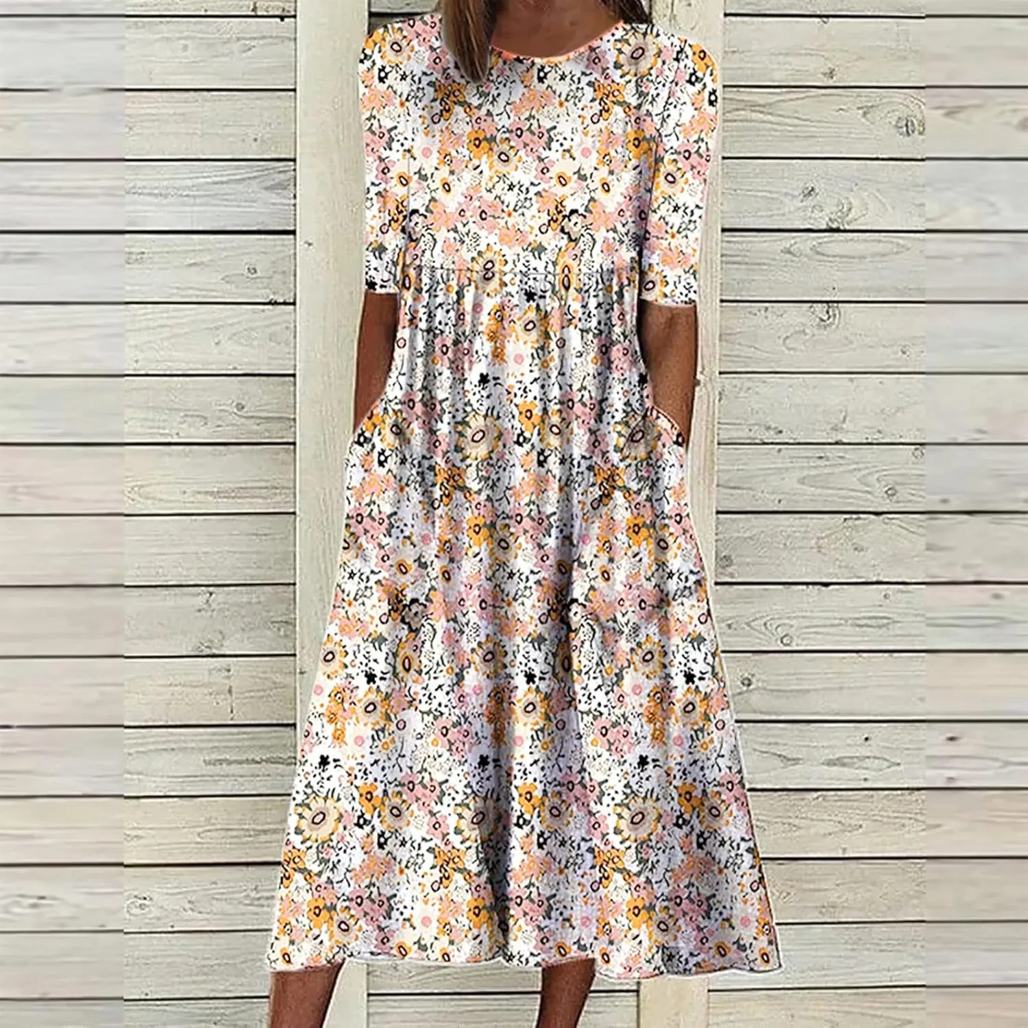 Womens Boho Dress Plus Size Casual Summer Short Sleeve Dresses Beach Maxi Dress Floral Pleated Long Dress Tunic Shirt