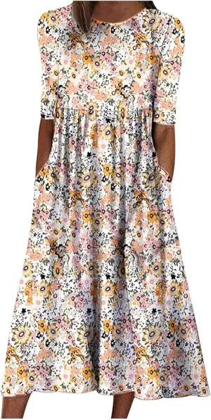 Womens Boho Dress Plus Size Casual Summer Short Sleeve Dresses Beach Maxi Dress Floral Pleated Long Dress Tunic Shirt