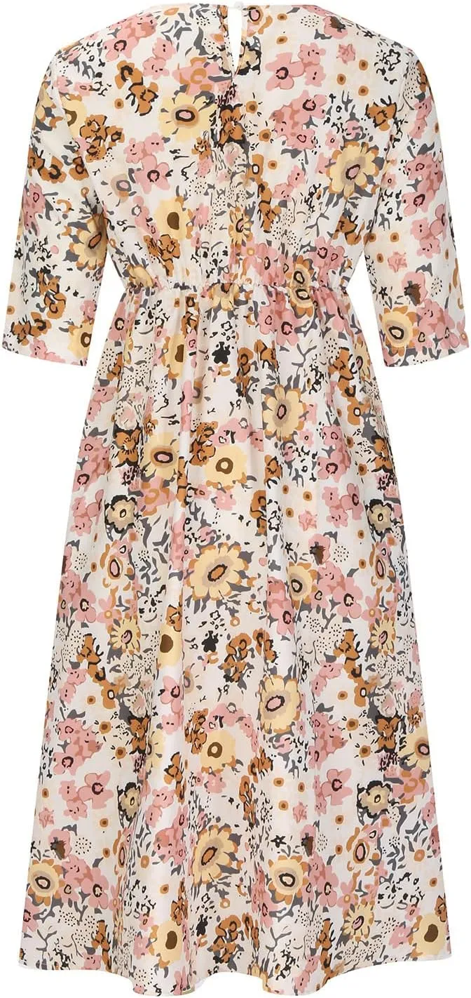 Womens Boho Dress Plus Size Casual Summer Short Sleeve Dresses Beach Maxi Dress Floral Pleated Long Dress Tunic Shirt