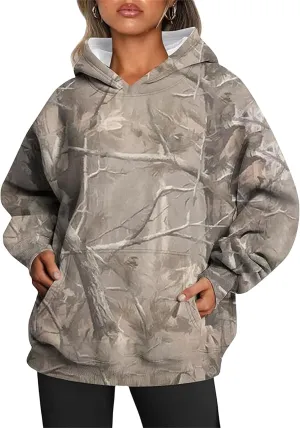 Women's Camo Hoodie Maple Leaf Print Oversized Hooded Sweatshirt Fleece Casual Long Sleeve Pullover Sweatshirts with Pockets