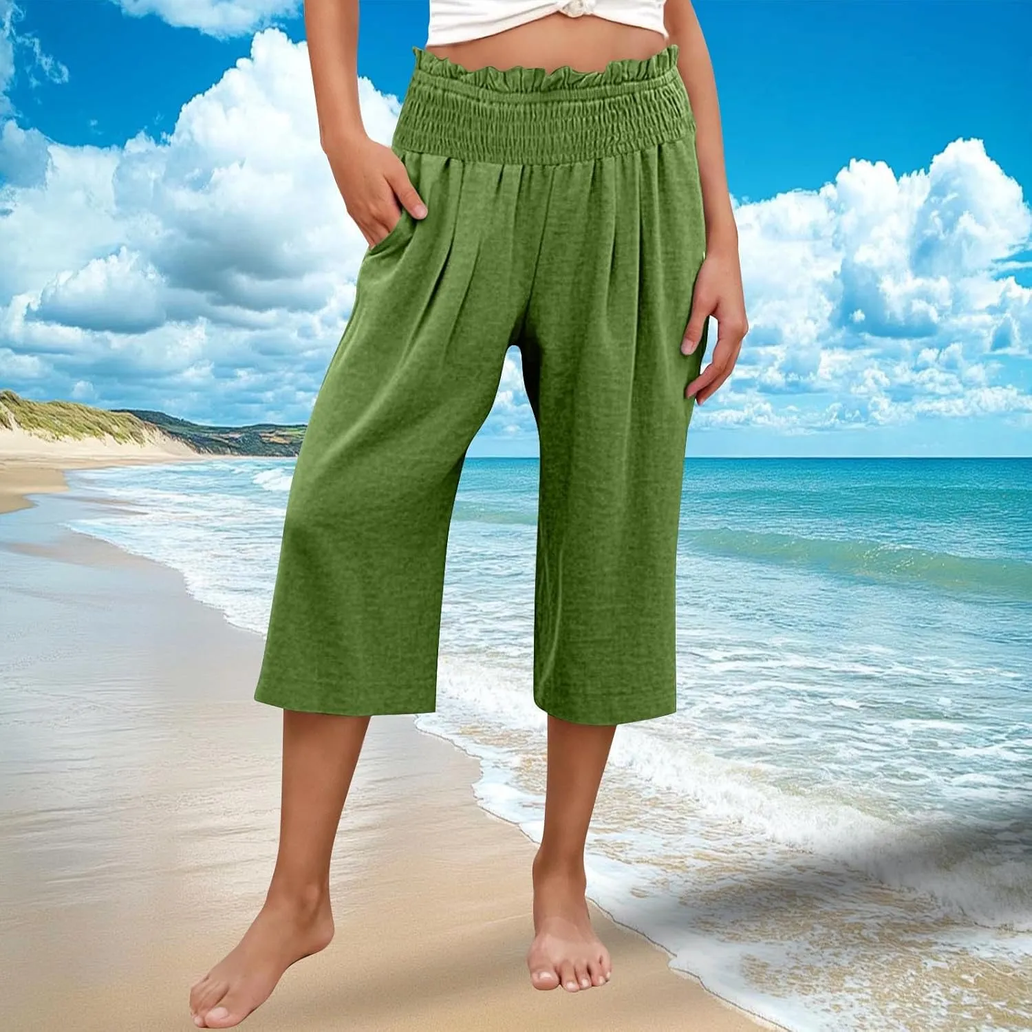 Womens Capri Pants Summer Casual Loose Capris Wide Leg Pleated High Waist Solid Color Cropped Pants with Pockets