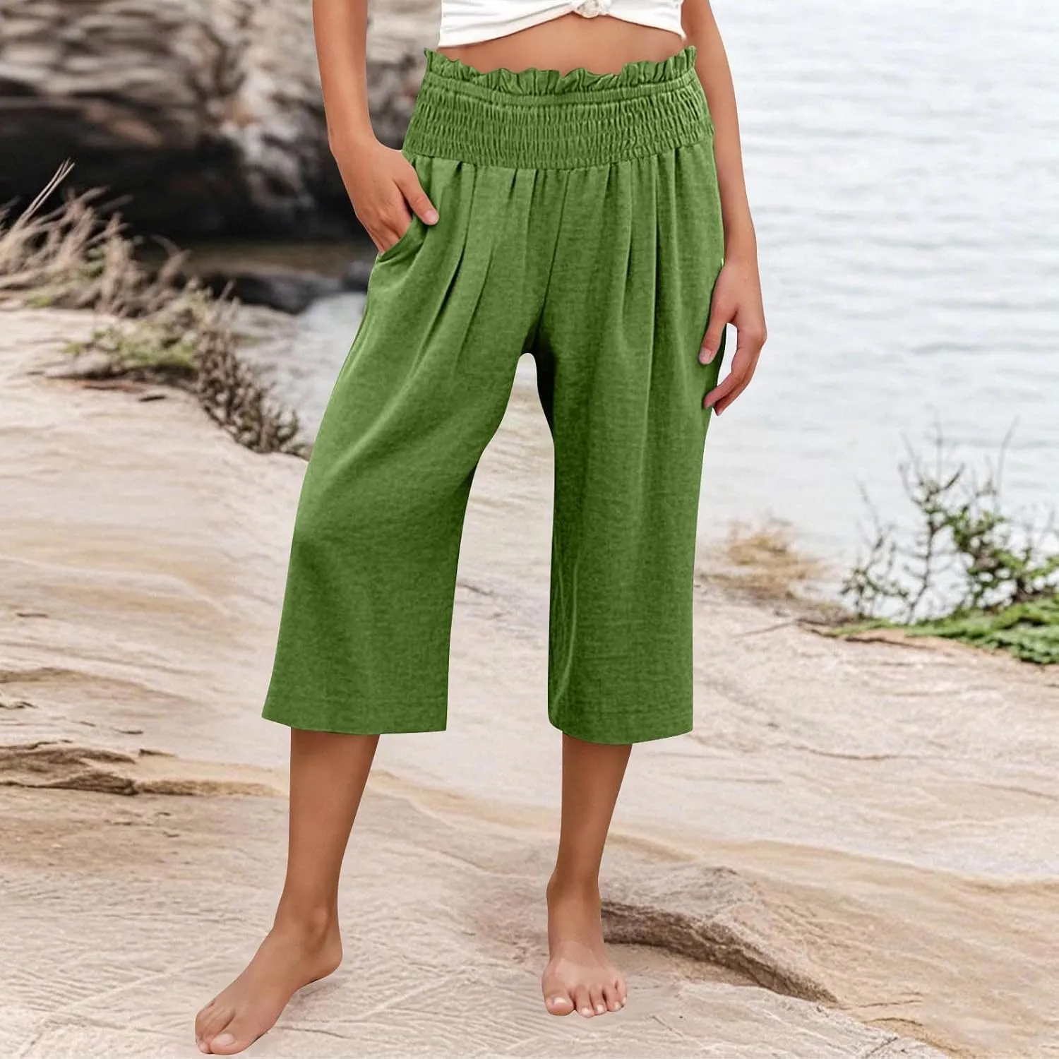 Womens Capri Pants Summer Casual Loose Capris Wide Leg Pleated High Waist Solid Color Cropped Pants with Pockets