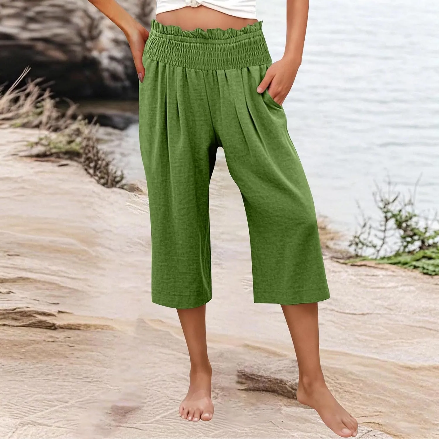 Womens Capri Pants Summer Casual Loose Capris Wide Leg Pleated High Waist Solid Color Cropped Pants with Pockets