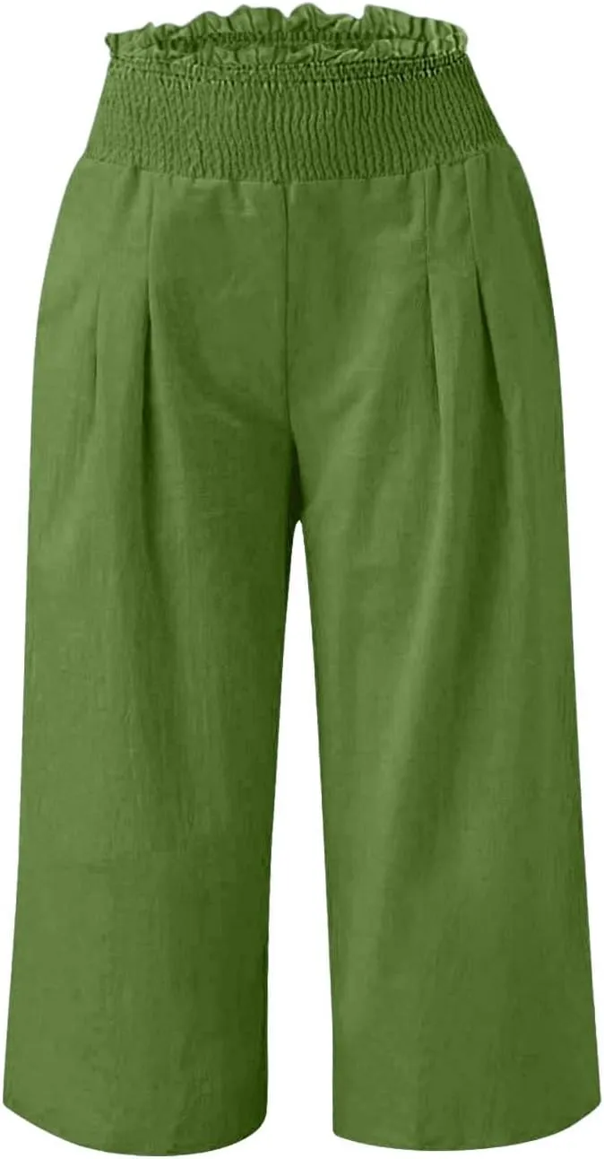 Womens Capri Pants Summer Casual Loose Capris Wide Leg Pleated High Waist Solid Color Cropped Pants with Pockets