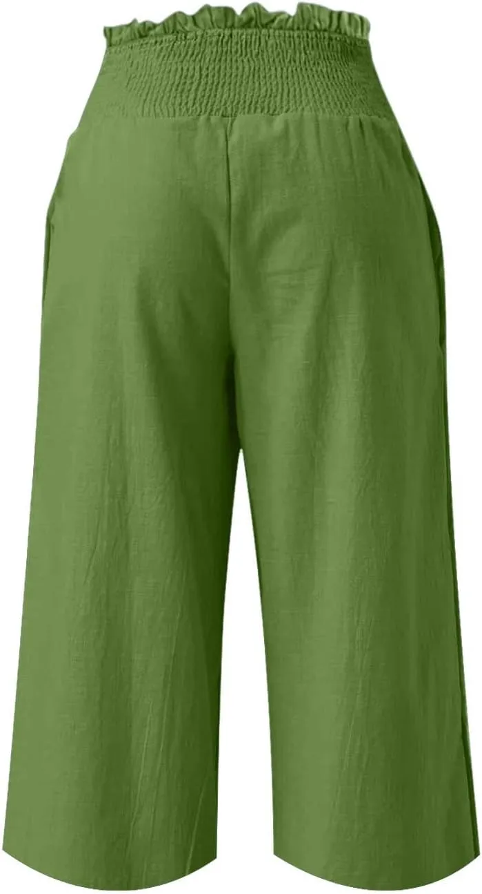 Womens Capri Pants Summer Casual Loose Capris Wide Leg Pleated High Waist Solid Color Cropped Pants with Pockets