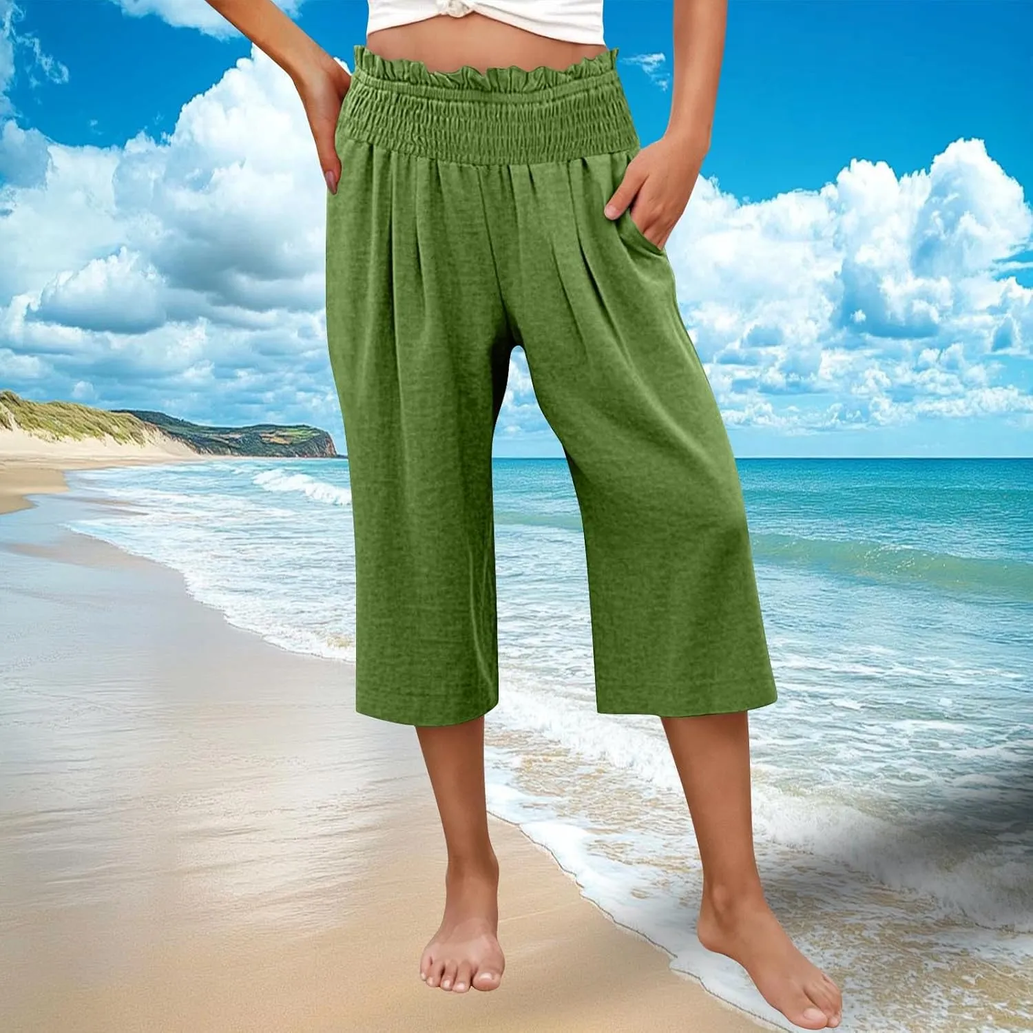 Womens Capri Pants Summer Casual Loose Capris Wide Leg Pleated High Waist Solid Color Cropped Pants with Pockets