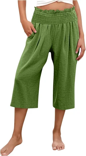 Womens Capri Pants Summer Casual Loose Capris Wide Leg Pleated High Waist Solid Color Cropped Pants with Pockets