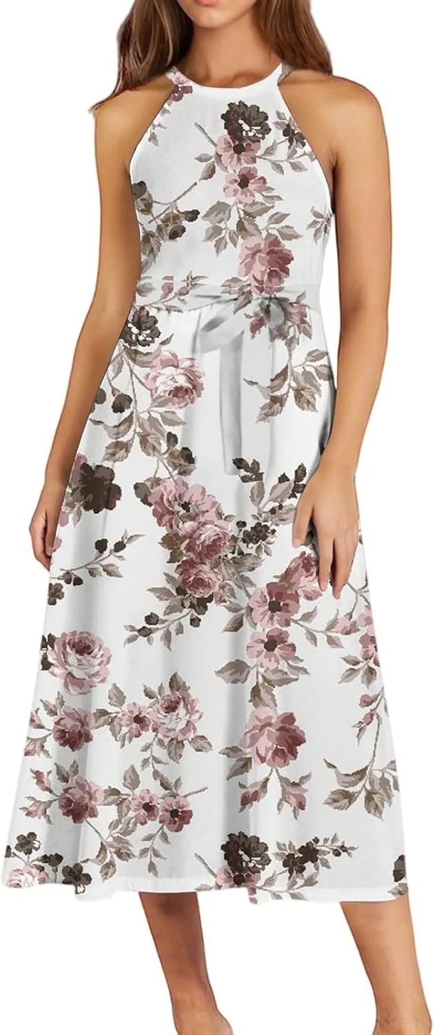 Women's Casual Fashion Halter Crew Neck Floral Print Basic Sleeveless Loose Boho Belt Ruffle Swing Hem Midi Sundress