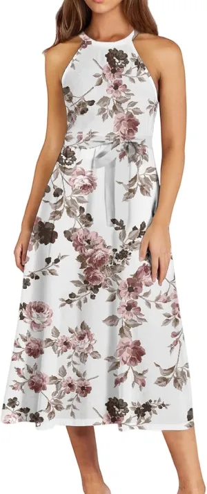 Women's Casual Fashion Halter Crew Neck Floral Print Basic Sleeveless Loose Boho Belt Ruffle Swing Hem Midi Sundress