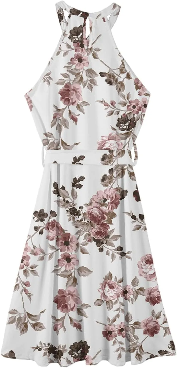 Women's Casual Fashion Halter Crew Neck Floral Print Basic Sleeveless Loose Boho Belt Ruffle Swing Hem Midi Sundress