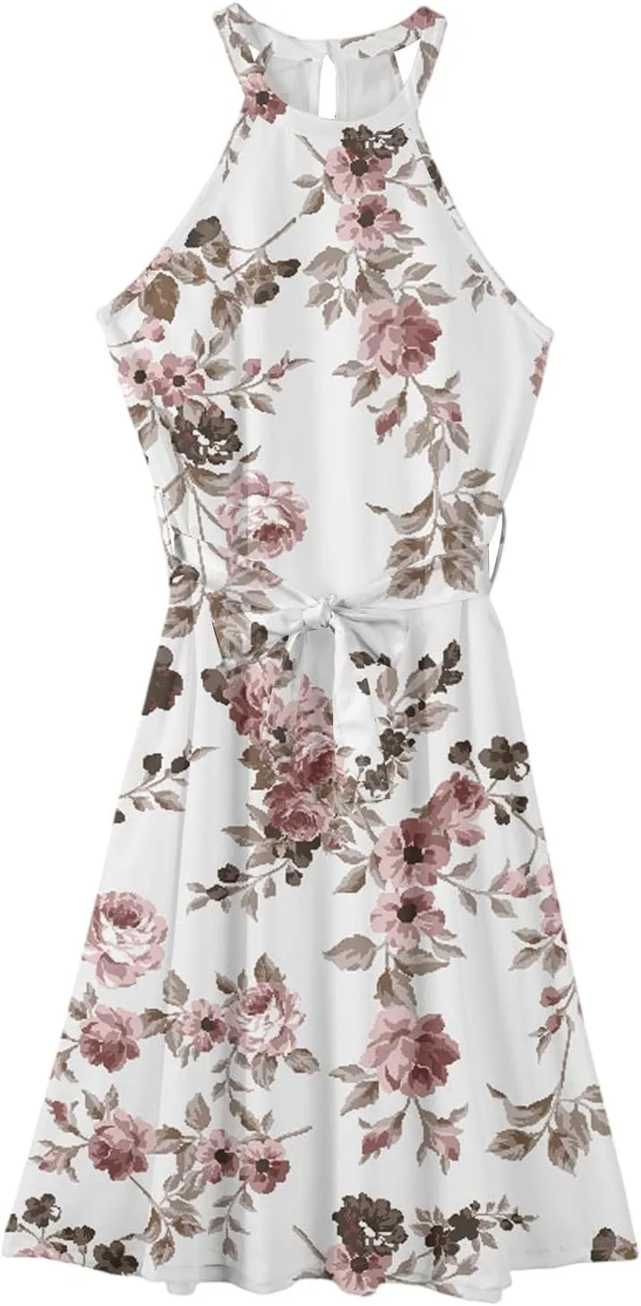 Women's Casual Fashion Halter Crew Neck Floral Print Basic Sleeveless Loose Boho Belt Ruffle Swing Hem Midi Sundress