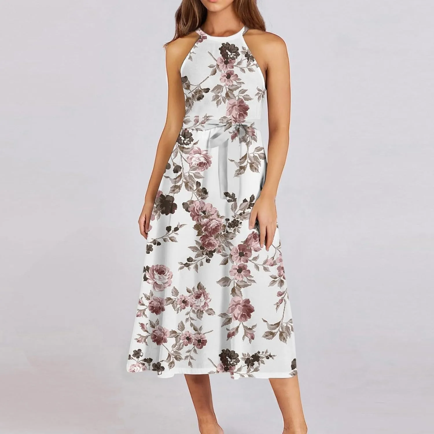 Women's Casual Fashion Halter Crew Neck Floral Print Basic Sleeveless Loose Boho Belt Ruffle Swing Hem Midi Sundress