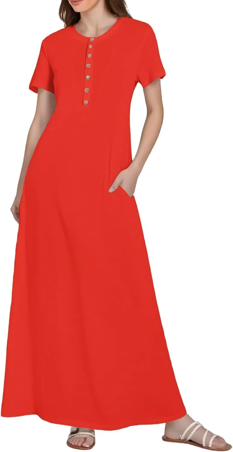 Women's Casual Printed Summer Round Neck Button Dress with Pockets