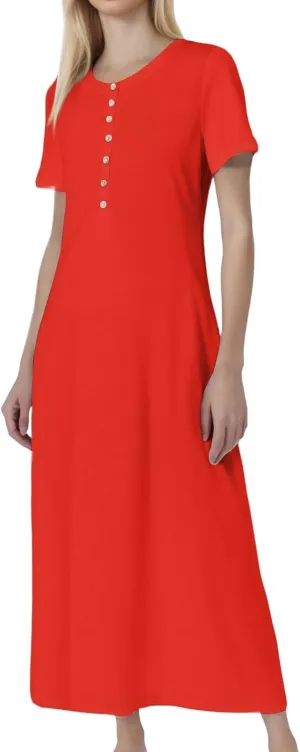 Women's Casual Printed Summer Round Neck Button Dress with Pockets