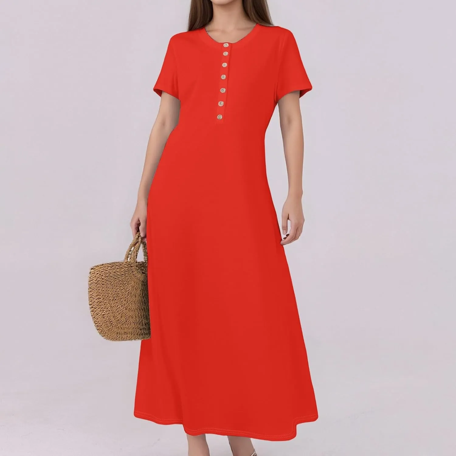 Women's Casual Printed Summer Round Neck Button Dress with Pockets