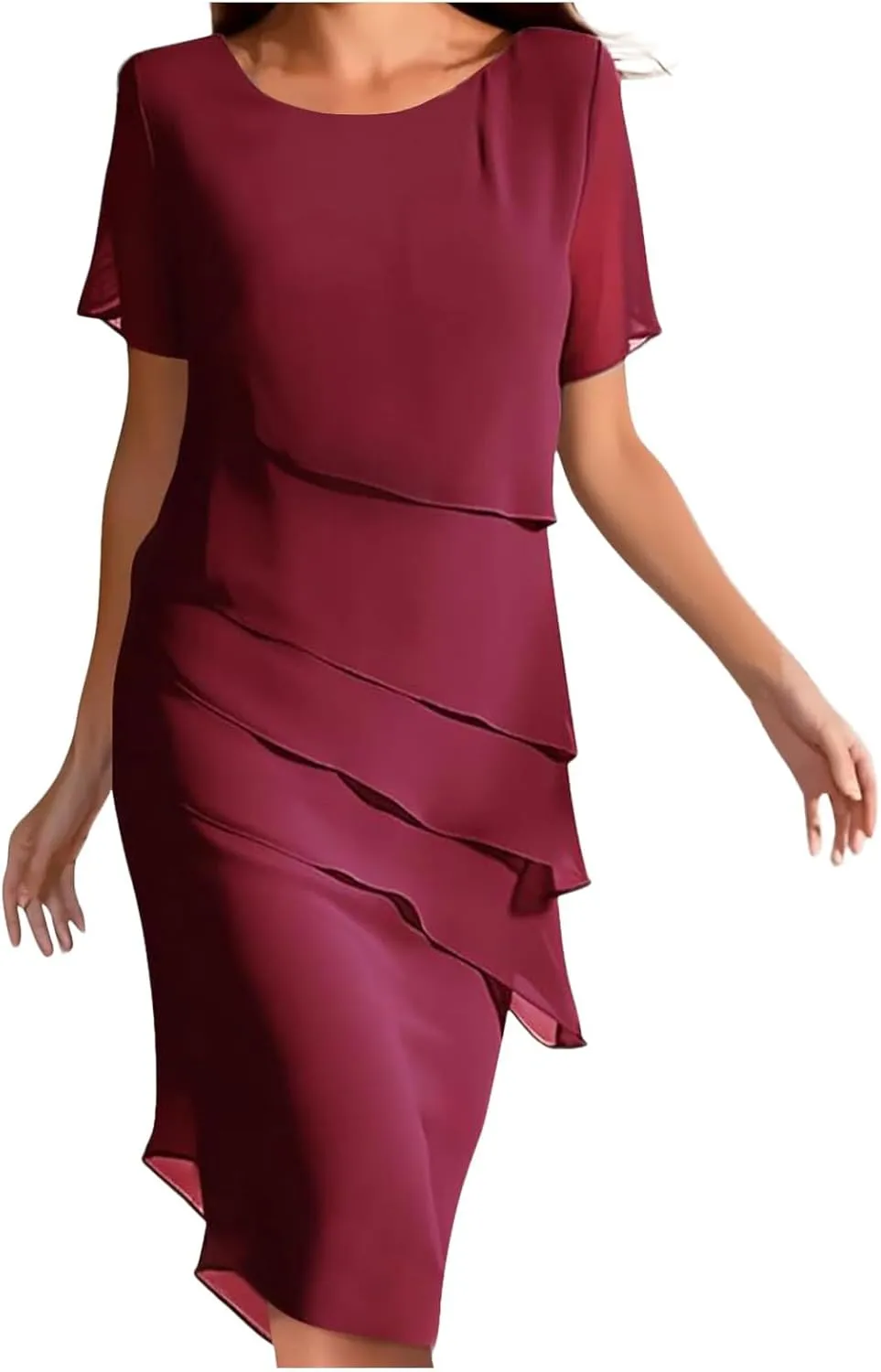 Women's Chiffon Dresses Short Sleeve Crewneck Tiered Layered Flowy Dress Party Wedding Outfits Semi Formal Office Dresses