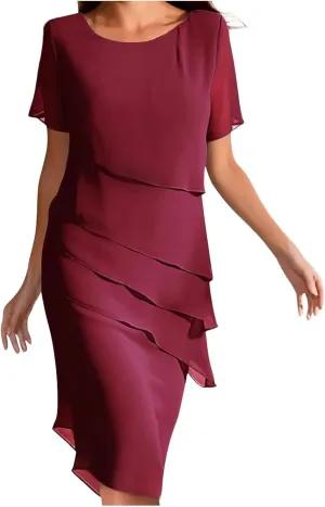 Women's Chiffon Dresses Short Sleeve Crewneck Tiered Layered Flowy Dress Party Wedding Outfits Semi Formal Office Dresses
