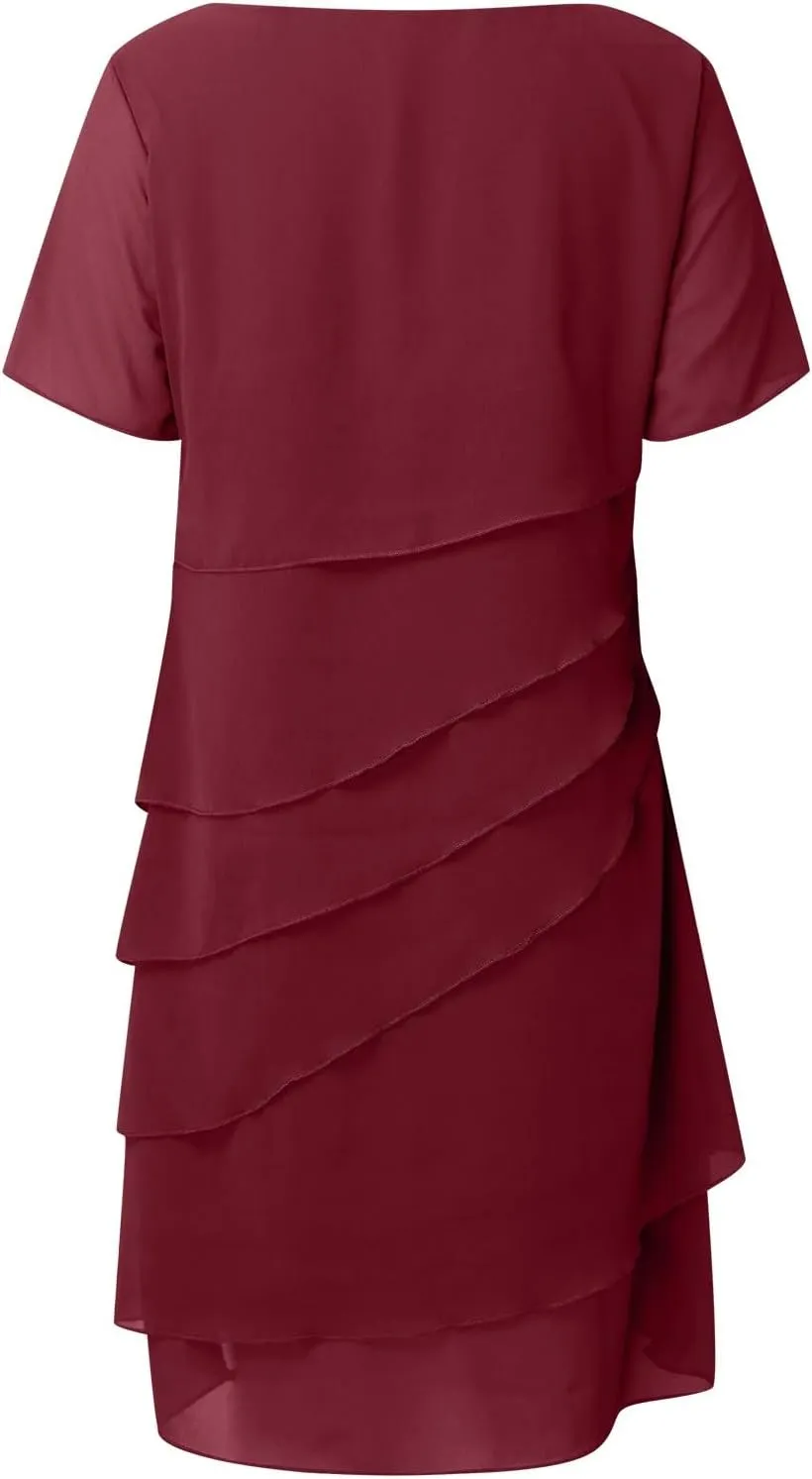 Women's Chiffon Dresses Short Sleeve Crewneck Tiered Layered Flowy Dress Party Wedding Outfits Semi Formal Office Dresses