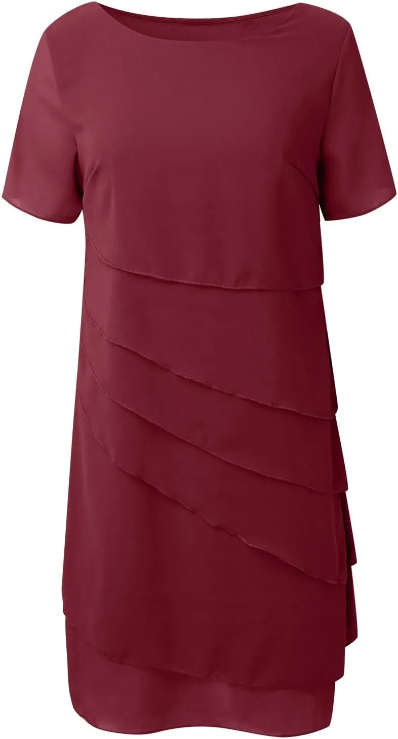 Women's Chiffon Dresses Short Sleeve Crewneck Tiered Layered Flowy Dress Party Wedding Outfits Semi Formal Office Dresses