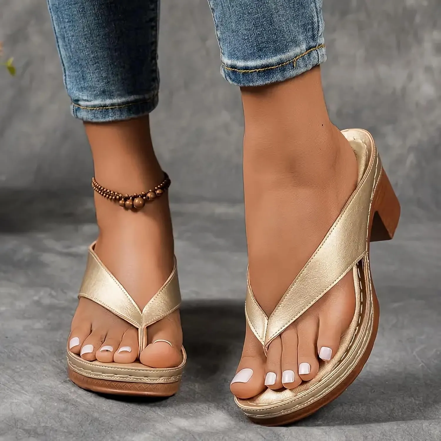Women's Chunky Heel Sandals Solid Color Flip Flops Comfortable Heeled Mules Slip On Open Toe Shoes Beach Vacation Sandals for Long Walk Casual Shoes