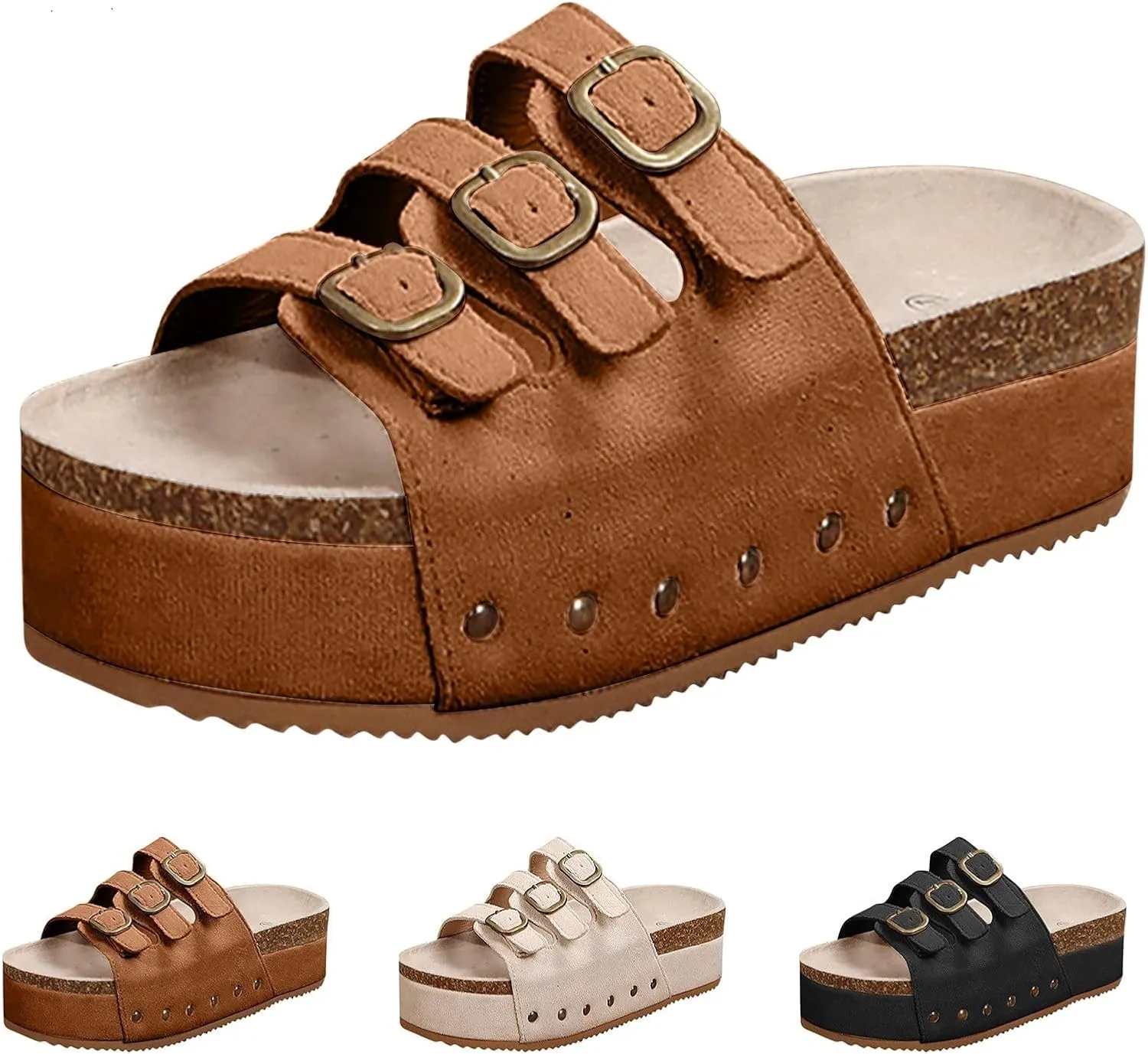 Women's Cork Footbed Slides 3 Strap Straps Platform Clogs Suede Slip-on Flatform Sandals for Women Fashion Slippers Summer